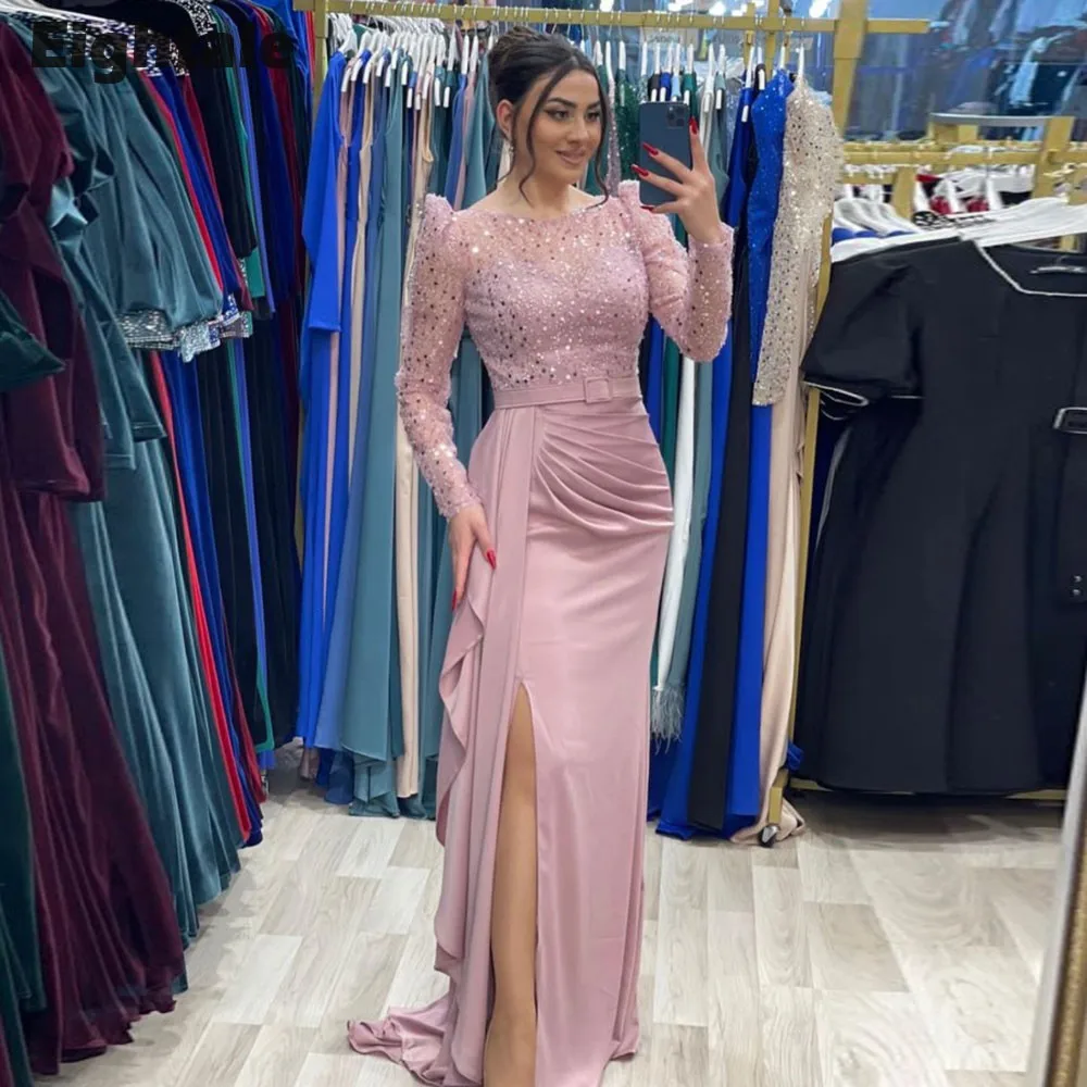 Eightale Dusty Pink Evening Dresses O-Neck Long Sleeves Belt Mermaid Prom Wedding Party Gowns Customized Arabic Robe De Doirée