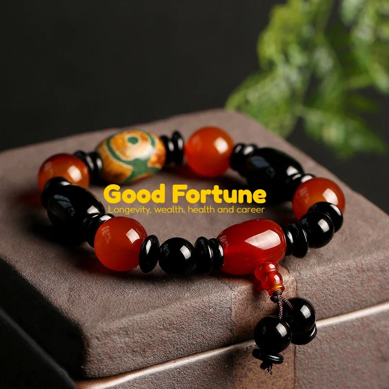 Natural Agate 3 Eyes Dzi Beads Bracelet Tibetan Style Red Black Bucket Bead Wealth Porsperity Good Luck Gift Women Men Jewelry