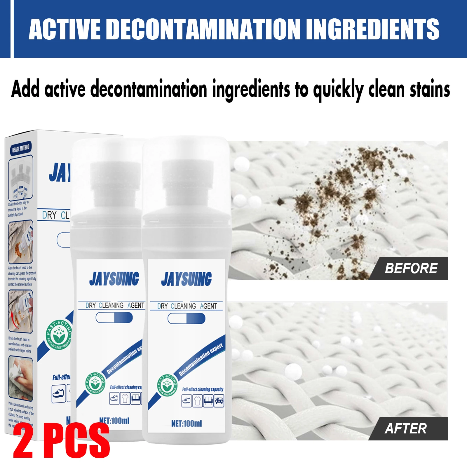 

2PCS Dry Cleaning Agent 100ml Agent Down Clothes T-Shirt Jacket Coat Wash-Free Foam Spray Cleaner Oil Stain Remover Detergent