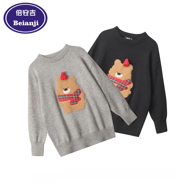 Beianji crewneck sweater American creative bear flocking men's winter casual lazy loose pullover sweater 2024