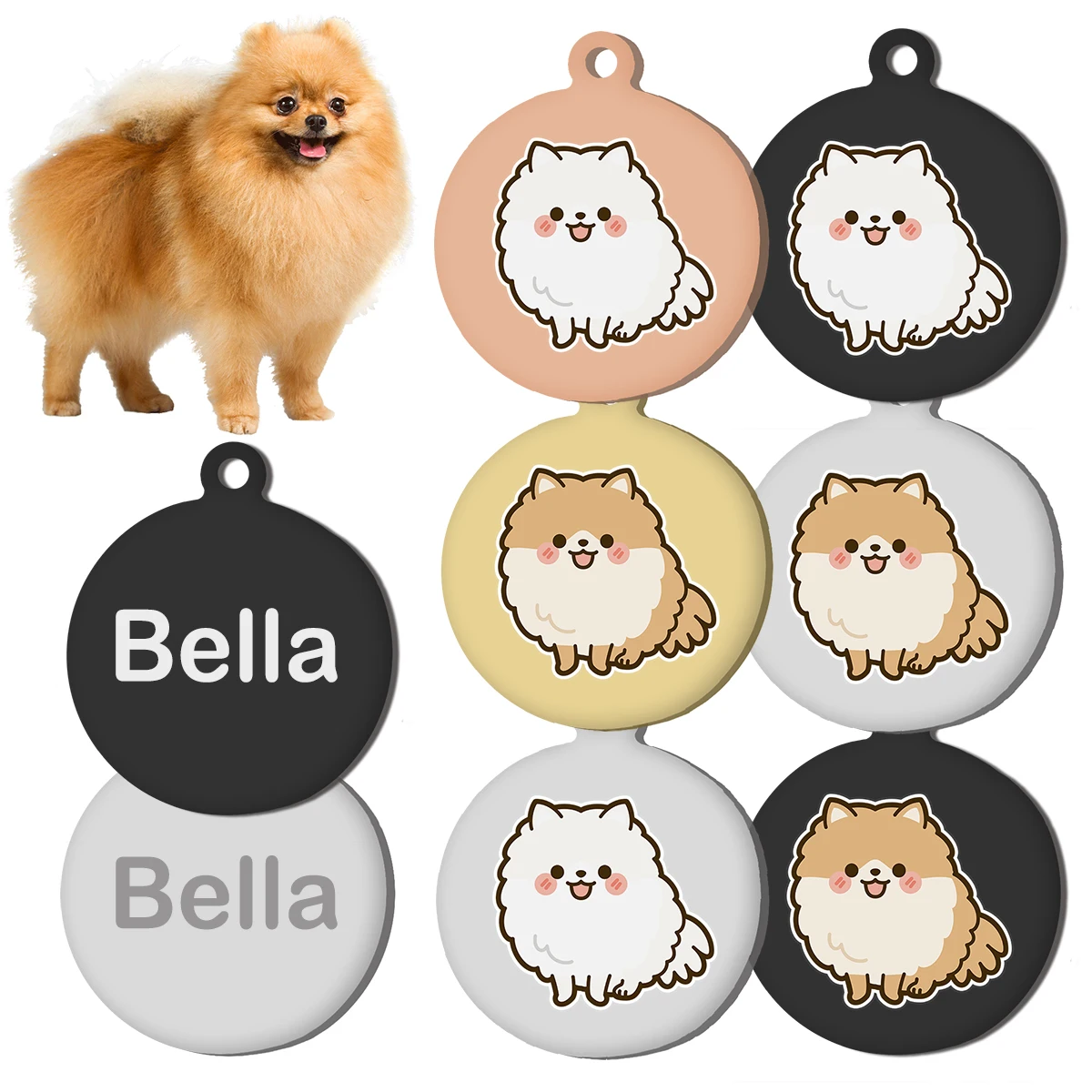 Pomeranian Personalized ID Round Tag Custom Name Address Telephone Cute Dog Tag Stainless Steel Pet Keyring Pendants