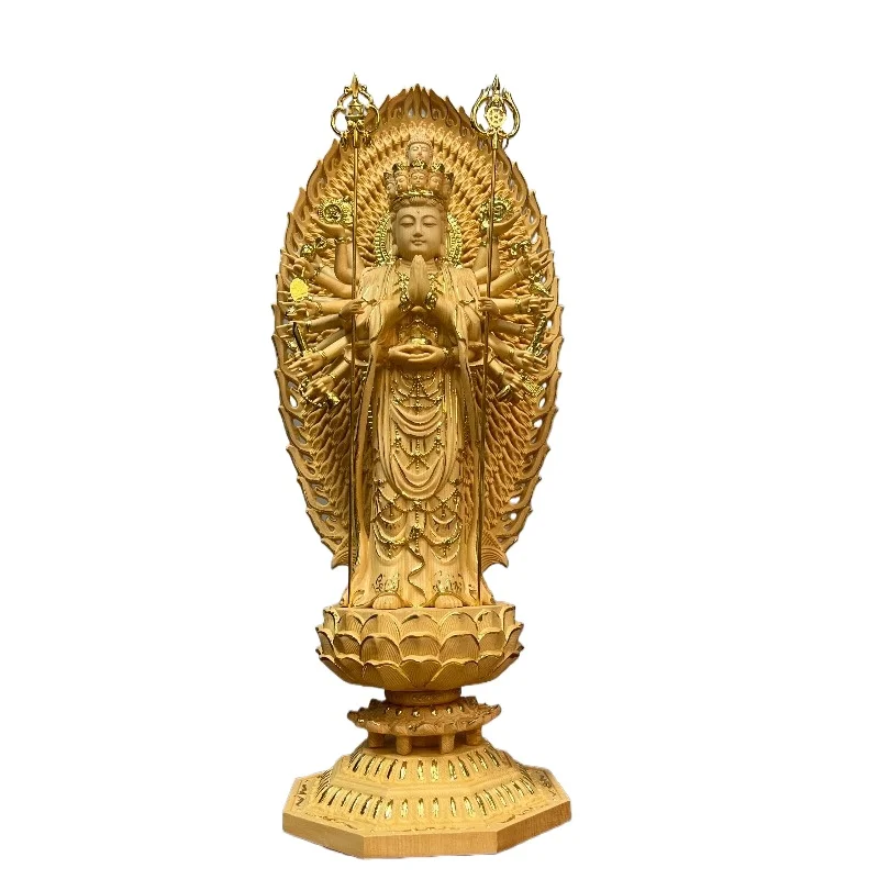 Hand-Carved Premium Hinoki Wood Thousand-Hand Guanyin Statue - 17.7