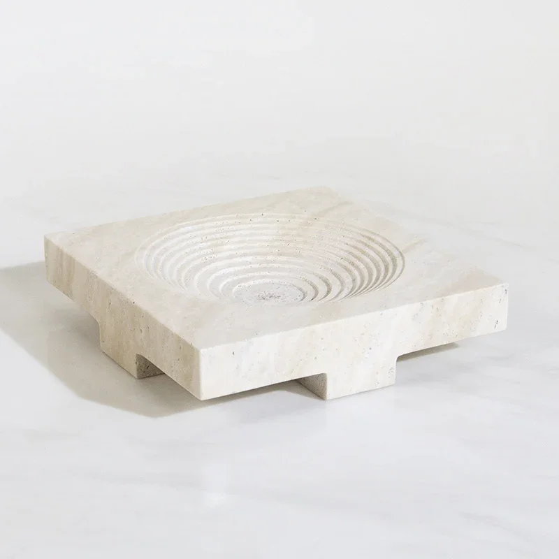 

Customized Wholesale Wabi-sabi Style Natural Beige Travertine Stone Spiral Tray Home Decoration Home Ornaments