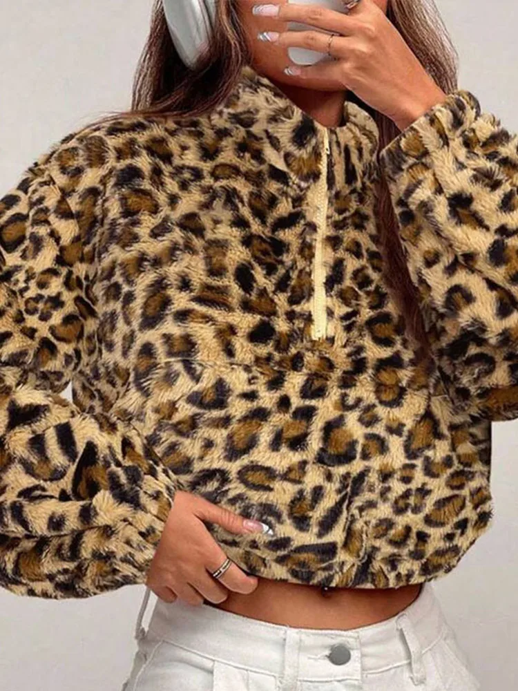 

Уличная куртка из искусственного меха с леопардовым принтом, женская укороченная куртка с воротником-стойкой и половиной молнии с длинными рукавами, женское осеннее шикарное женское пальто 2023 г.