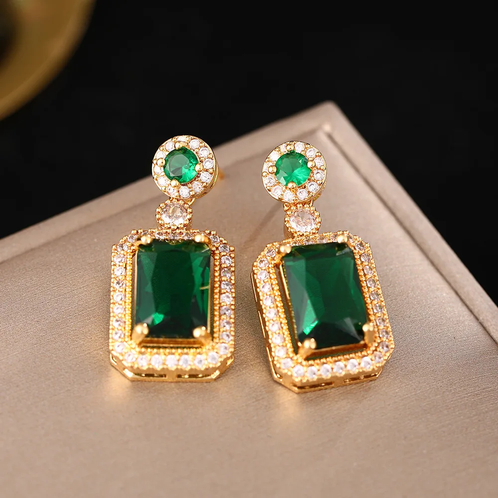 Trendy Green Rectangle Rhinestones Dangle Earrings for Women Geometry Round Drop Earrings Wedding party Elegant Jewelry Gifts