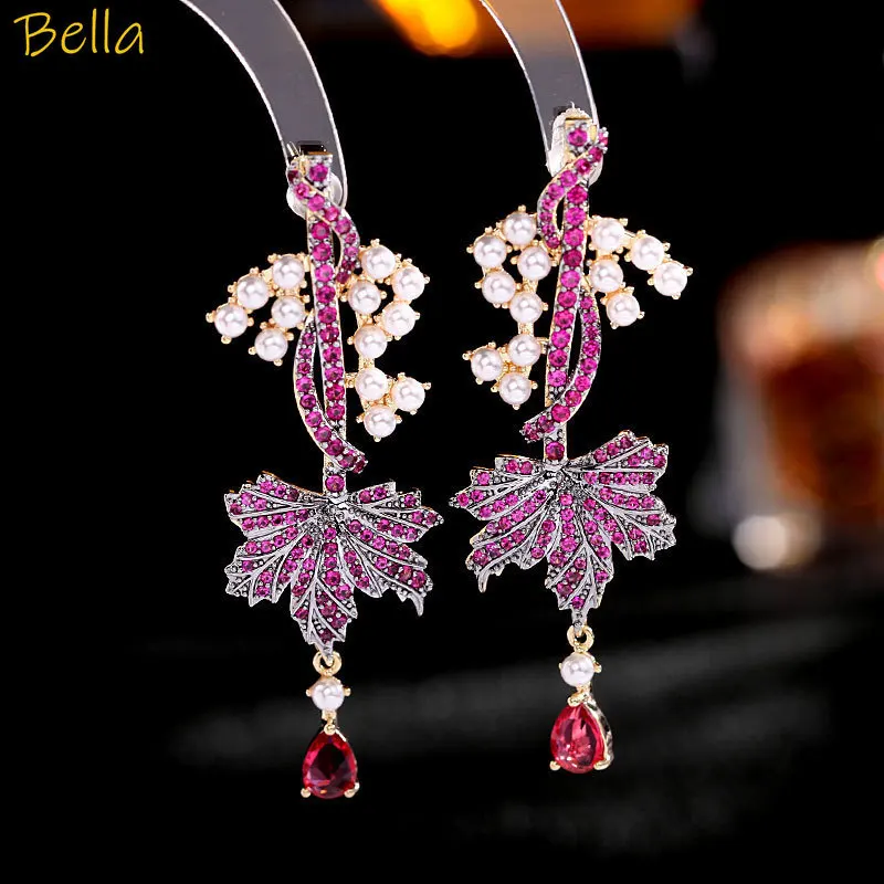 

zirconia green fushia light purple earrings leaf plant long pendant earrings women jewelry shiny evening party daily wear gift