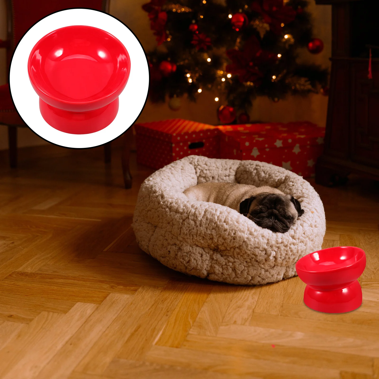 

Ceramic Pet Feeding Bowl High Feet Slanted Mouth Design for Dog Puppy Lightweight Easy Clean Food Safe Material Red Size S