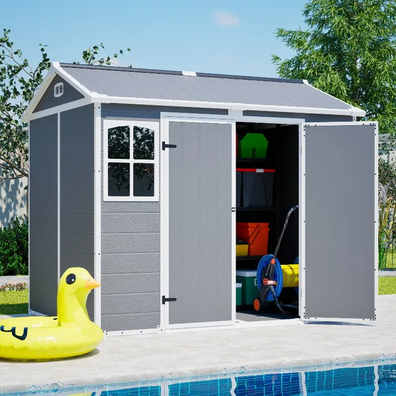 Plastic Utility Shed 8x6 FT with Floor  Lockable Storage Shed for Garden Tools & Trash Bins