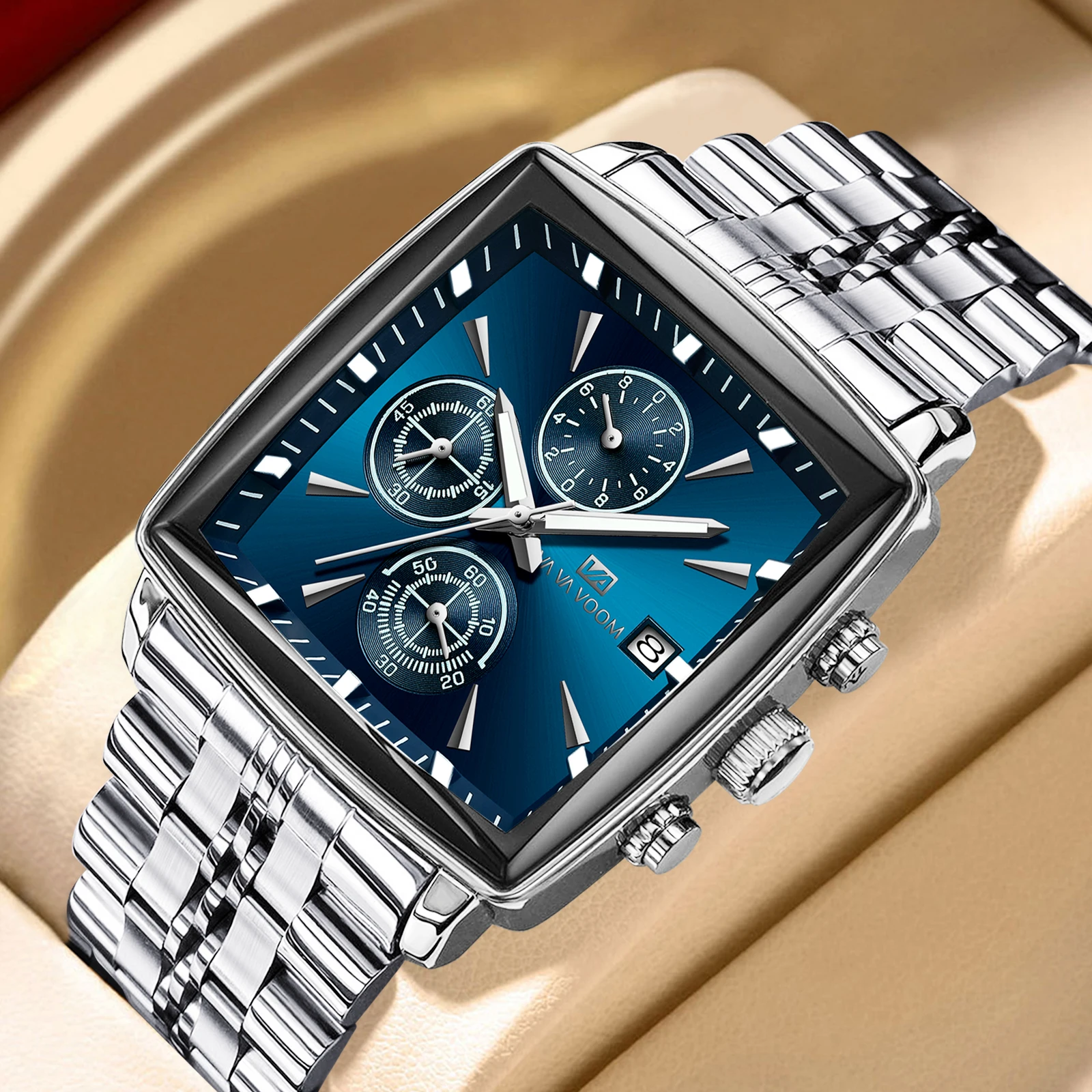 VA VA VOOM Original Brand Quare Classic Design Quartz Watch Men Multifunctional Luxury Night Light Timer Stainless Steel Watch