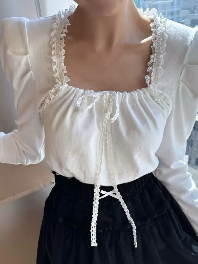 

Модная женская кружевная футболка Dongda Gate с бантом, квадратным воротником, длинными рукавами, из дышащего полиэстера, повседневный топ