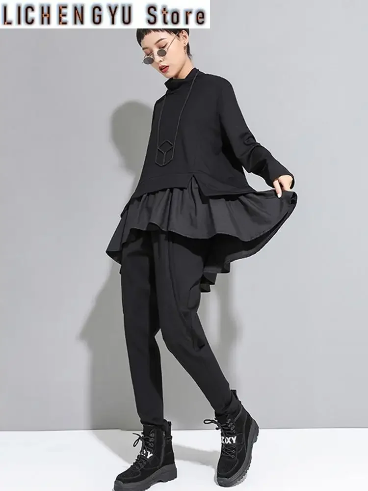 Loose Fit Asymmetrical Ruffles Sweatshirt New High Collar Long Sleeve Women Big Size Fashion Tide Spring Autumn