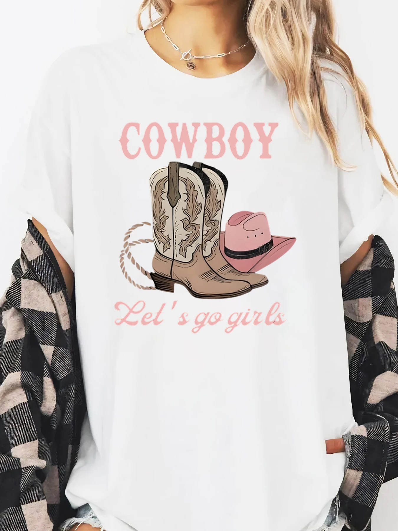 Cowboy Boots and Hat Print Let's Go Girls Text T-shirt Western Festival Women Casual Wear White Plus-size
