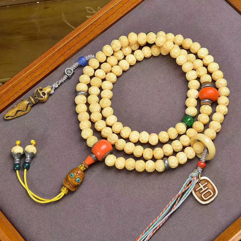 Tibetan-style engraved 108-bead Buddhist prayer beads, multi-loop bracelet material, glass and yak bone accessories