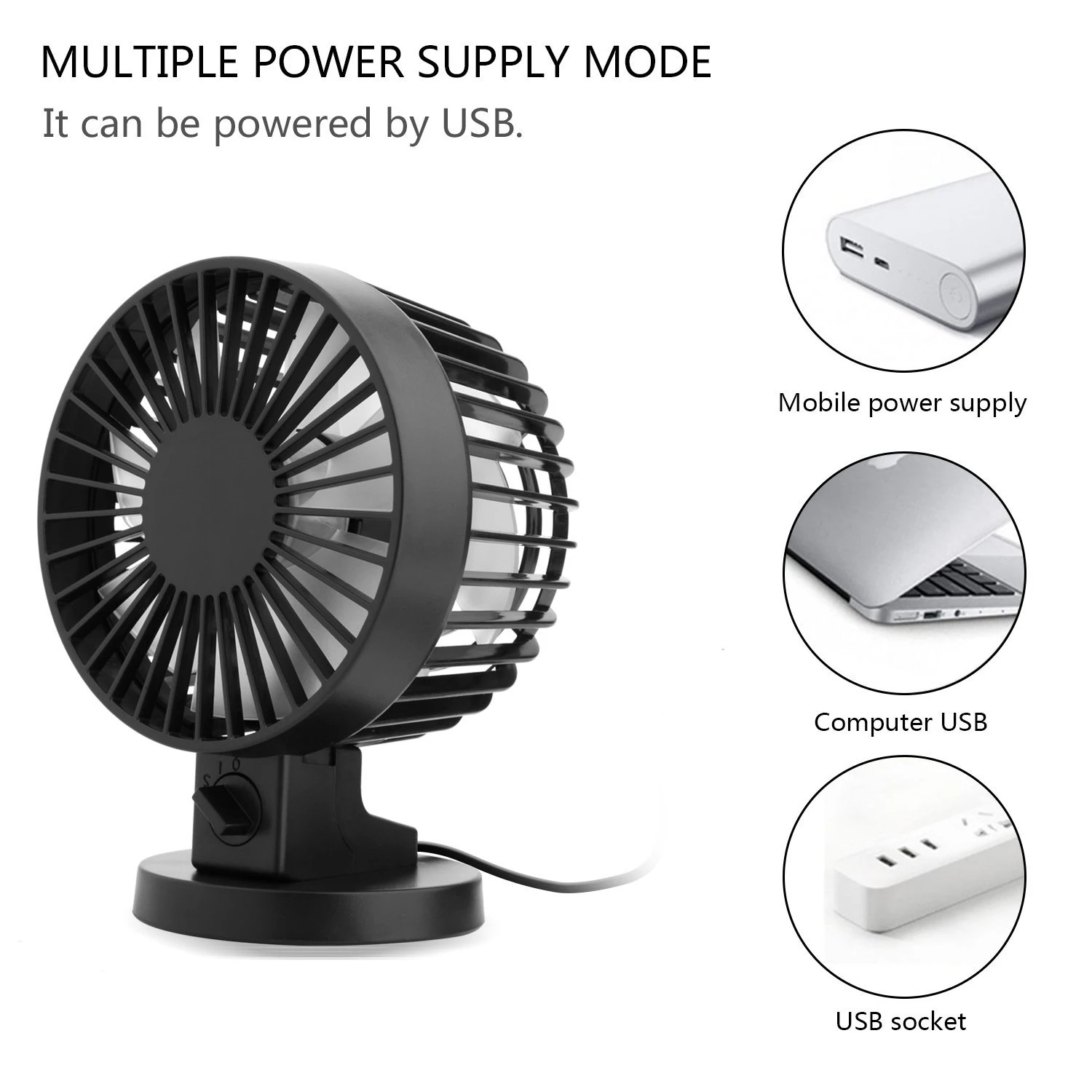 Ventilateur de Table Personnel USB, Silencieux, avec Touristes, pour Bureau à Domicile, Noir, 2 Vitesses