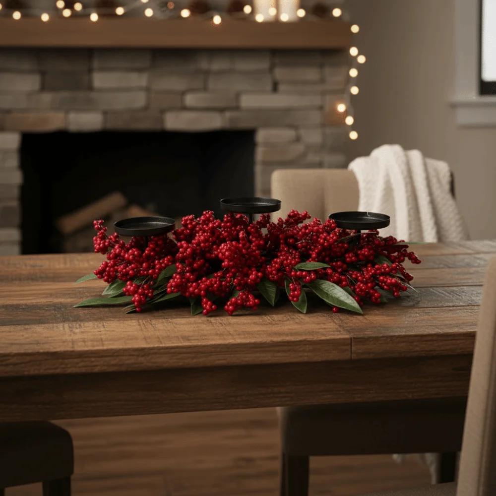Artificial Berry Wreath Three Legged Candle Holder Wrought Iron Stable Base Wreath Candlestick Centerpiece Simulated Red