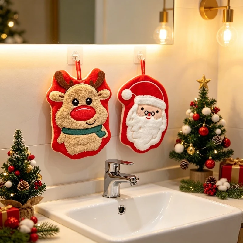2pcs Christmas Hanging Hand Towels Suitable for Bathroom Sink & Kitchen Counter - Santa & Reindeer Shaped Microfiber Towel with