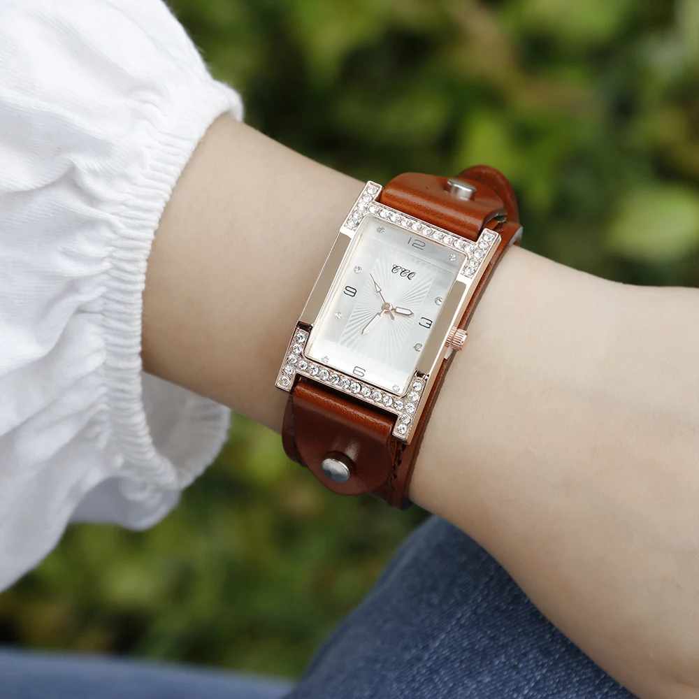 Women Dress Quartz Watch Couples Bracelet Watches Cow Leather Strap Rectangle Ladies Clock Casual Female Square WristWatch