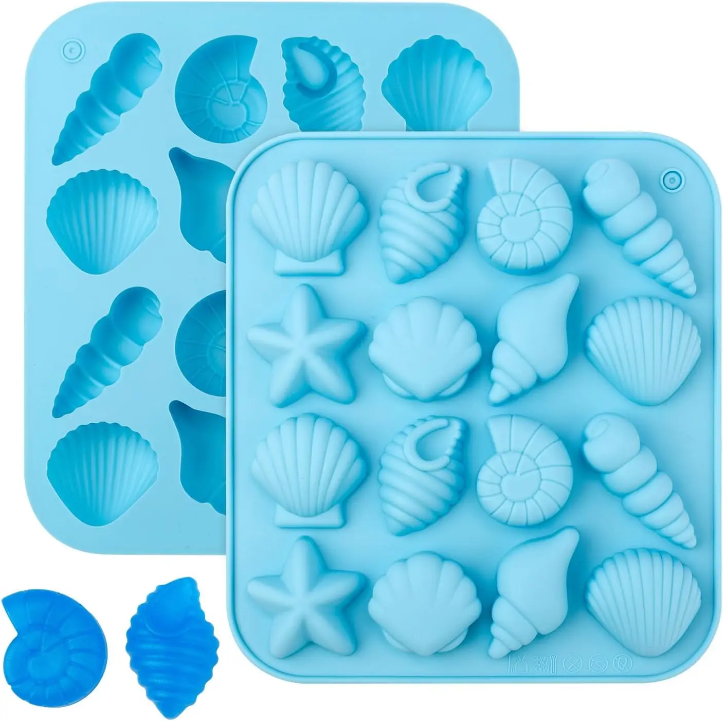 2 moldes de silicona con forma de conchas marinas, estrellas de mar y caracolas, ideales para dulces y chocolate, color azul.