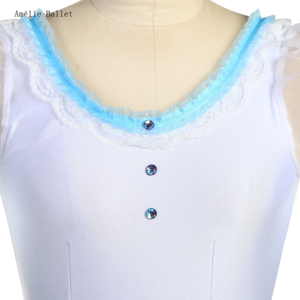 23150 Tiulowe spódniczki baletowe z bufiastymi rękawami dla dziewczynek, biały spódniczka baletowa z elastycznego materiału spandex z niebieską wstążką w talii, romantyczna spódniczka tutu.