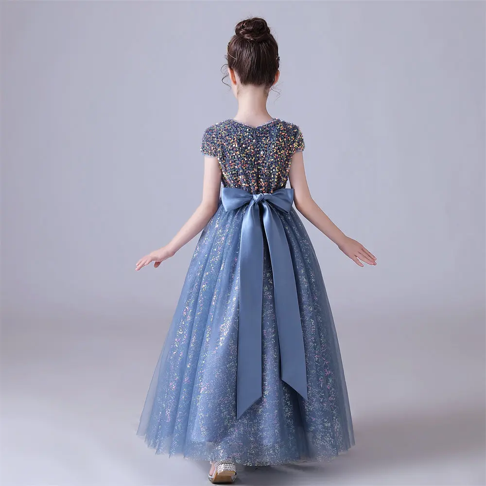 Robe bleue à col rond pour filles, tulle brillant, nœud en paillettes, robes de demoiselle d'honneur, anniversaire d'enfants, robe de princesse formelle, quoi que ce soit