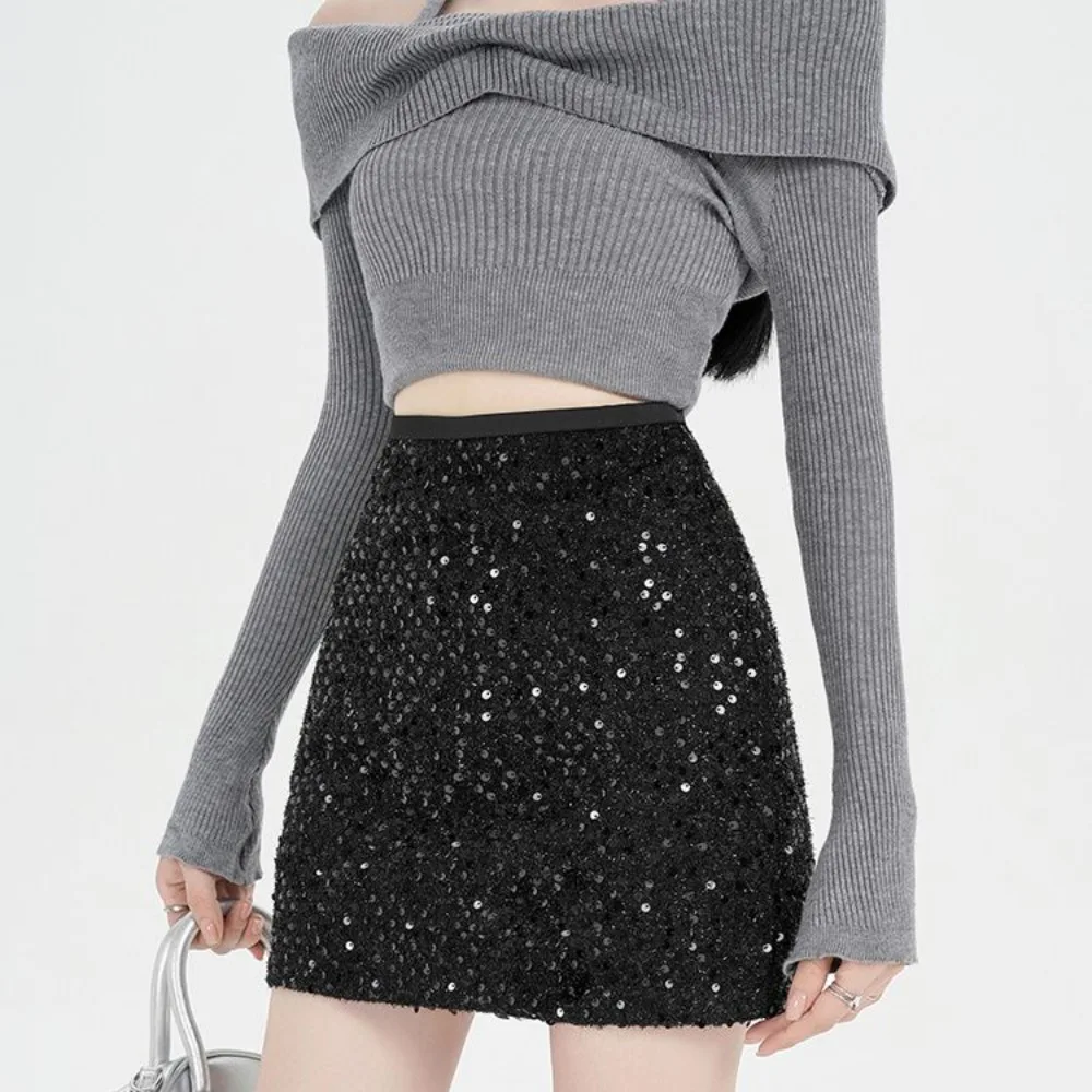 

Temperament Spice Girl Autumn Fragrant Style Korean Edition Design High Waist Skinny Versatile A-word Sequins Short Skirt Women