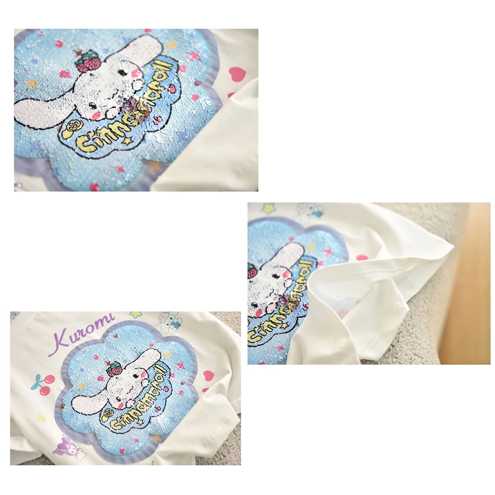 Cinnamoroll Sanrios Kids Short Sleeved Melody Kuromi Cartoon Anime T-Shirt Summer Tops Breathable Youngsters Sequin Short Sleeve