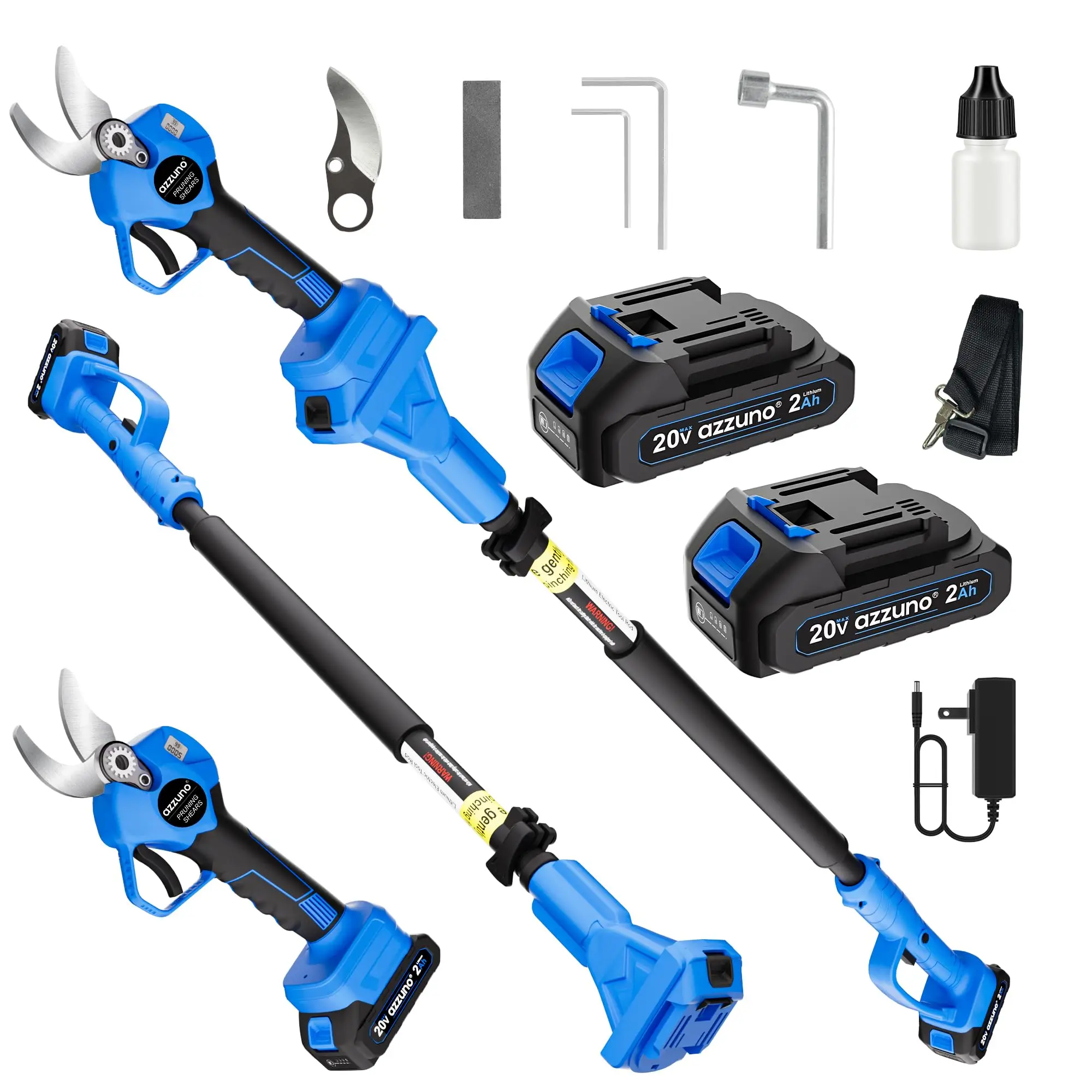 AZZUNO Tijeras de podar de postes eléctricas 2 en 1 de 20 V, podadora de mango largo inalámbrica de 1,4 pulgadas de alcance de 13 pies, cortador de ramas sin escobillas con LCD