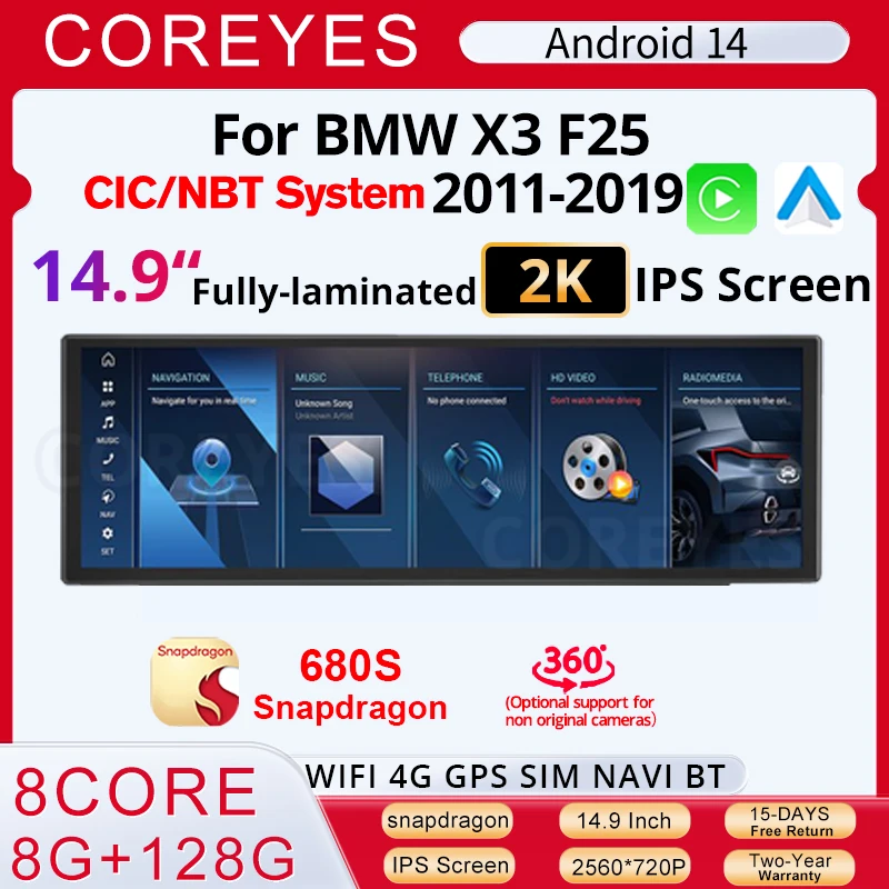 COREYES 14.9'' Android 14 Car Radio For BMW X3 F25 X4 F26 2011-2019 CIC NBT Susytem Carplay Multimedia Player BT 4G Wifi GPS