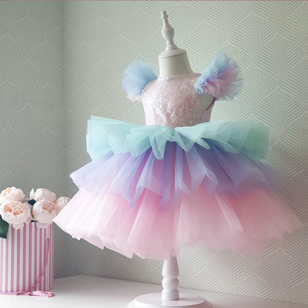 Girls Rainbow Unicorn Princess Dress Cake Layers Tutu Prom Gowns for Kids Children Wedding Evening Formal Party Pageant Vestidos