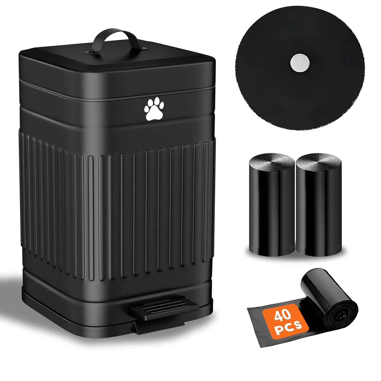 

5L Metal Dog Waste Trash Can with Lid, Foot Pedal, 40 Bags Included, Soft Close for Pets, Black