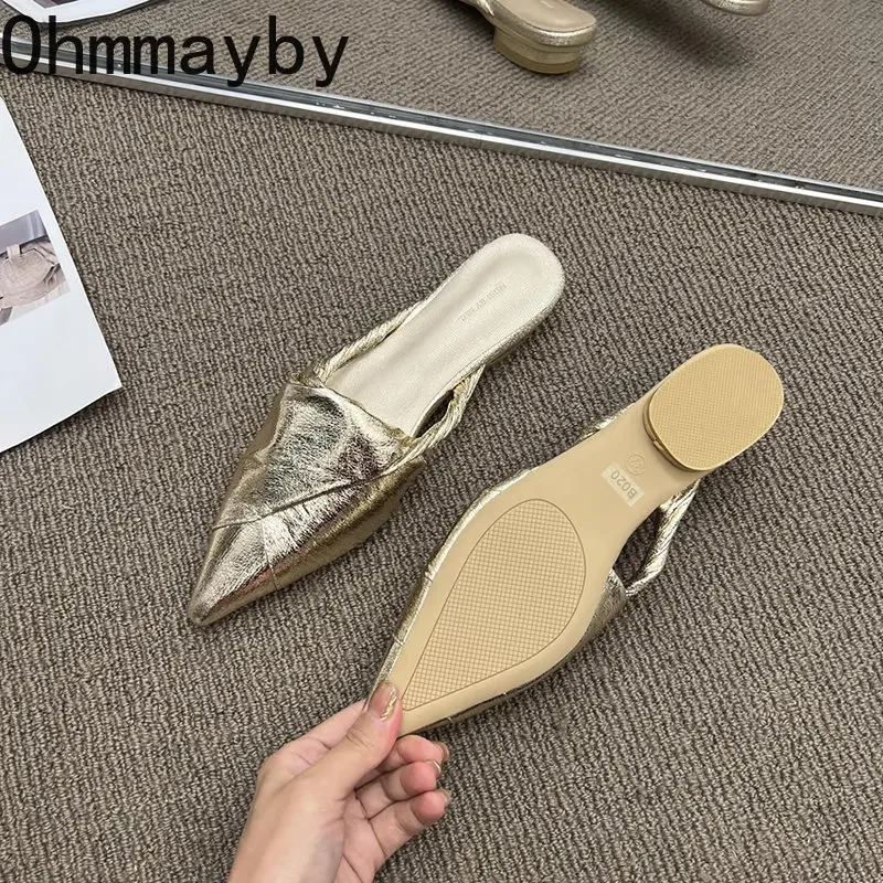 2024 Spring Slip On Women Mules Slipper Fashion Pointed Toe Ladies Elegant Beach Sandal Casual Low Heel Slides