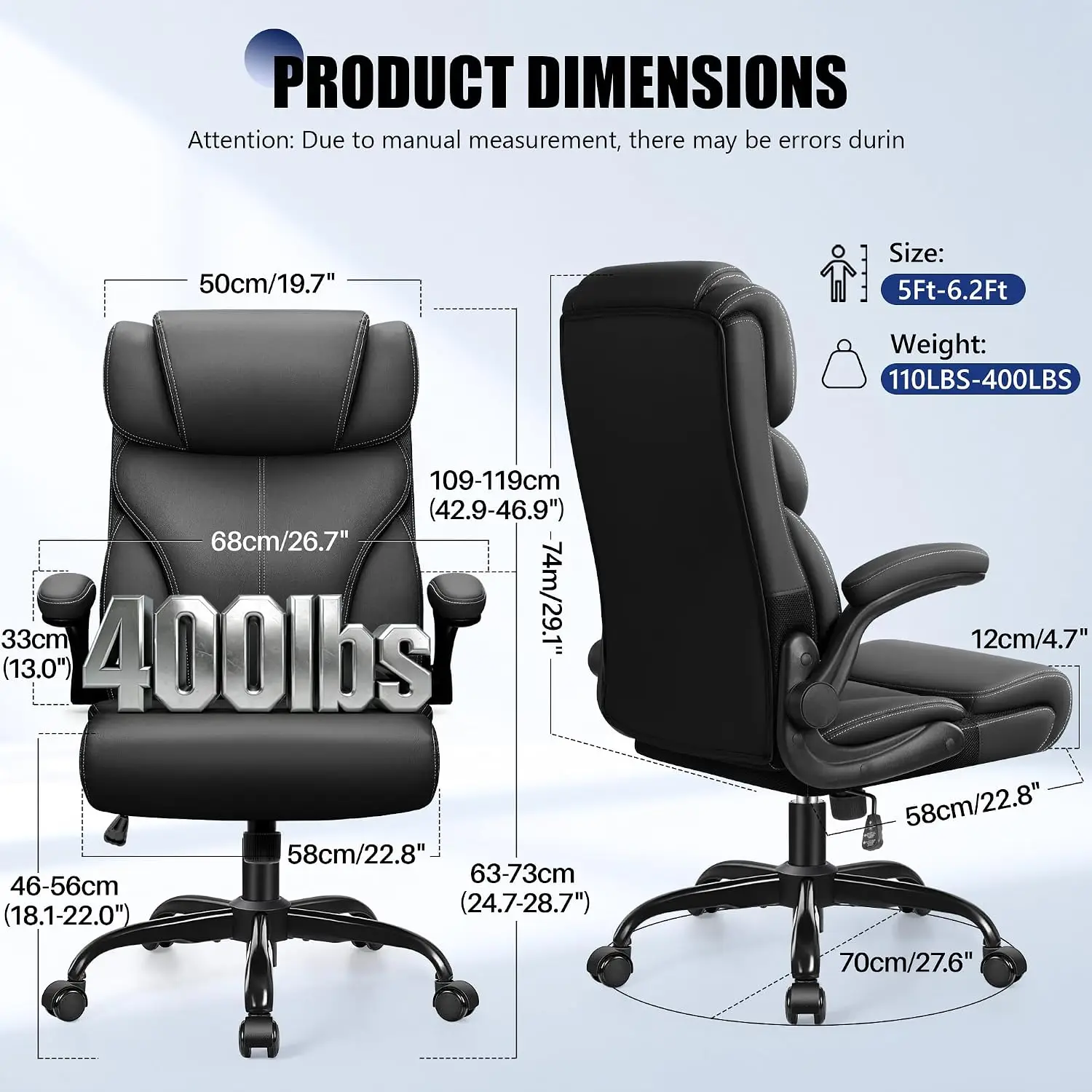 Big and tall ergonomic leather executive computer & gaming chair with comfy padded, rocking function and lumbar support