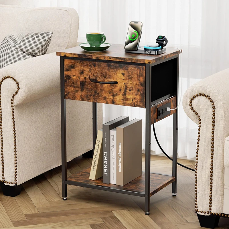 طاولة نهاية متعددة الوظائف مع محطة شحن لاسلكية وتخزين 3 في 1 منضدة حديثة/خزانة بجانب السرير لغرفة المعيشة