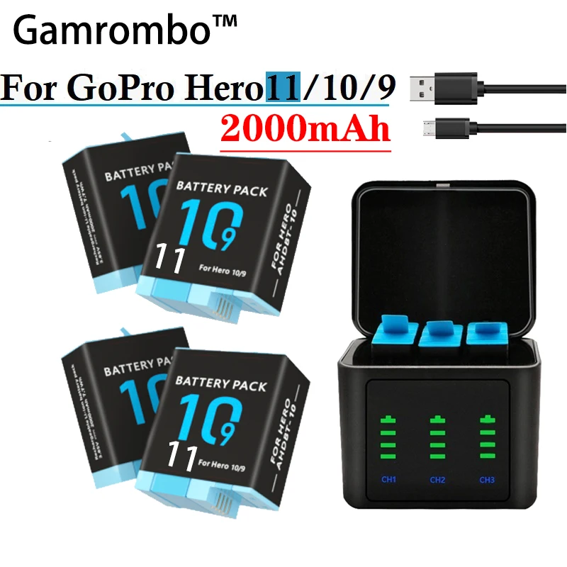 GoPro-Hero 11 9 10 2000 mAh 배터리, 3 방향 고속 충전기 상자, 고프로 액션 카메라 액세서리