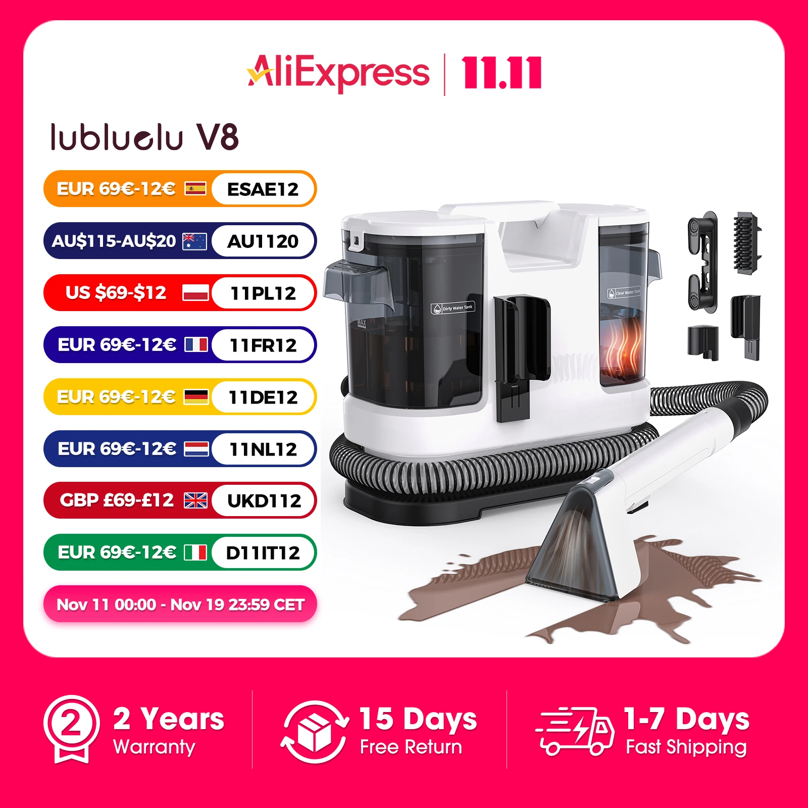 Lubluelu V8 800W Nettoyant pour tapis à eau chaude 60 ° C Nettoyage en profondeur pour animaux de compagnie taches 15kPa forte aspiration 5M cordon d'alimentation long réservoir 1,75L