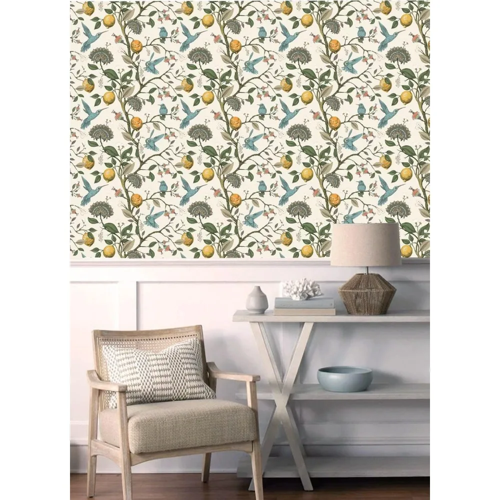 جدارية حائطية مزهرة على شكل طائر أزرق مع ورق حائط على شكل عصا قشر الليمون الطازج لديكور الحائط ذاتي اللصق، بطول 48.4 قدم مربع #3