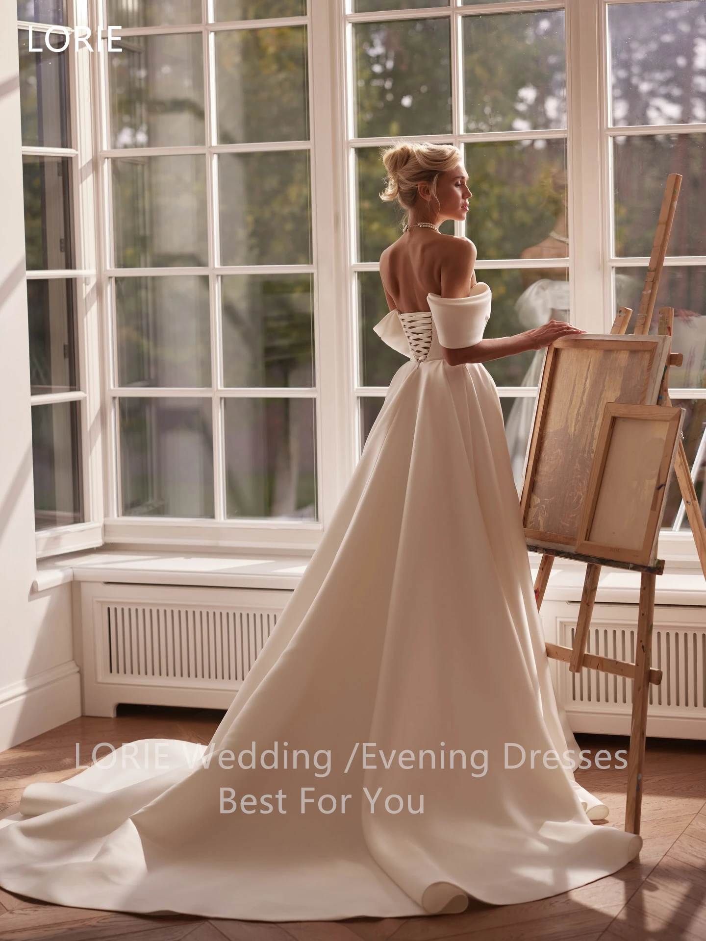 LORIE Elegant Satin Wedding Dresses Pleats Off The Shoulder Bride Prom Gown Draped A-Line Side Slit Bridal Gowns Customized