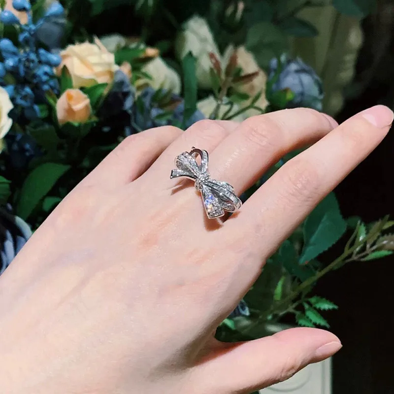 925 الفضة الحلو و رومانسية كامل الماس القوس خاتم الإناث الموضة مزاجه البرية القوس فتاة خاتم حفلة هدية عيد ميلاد