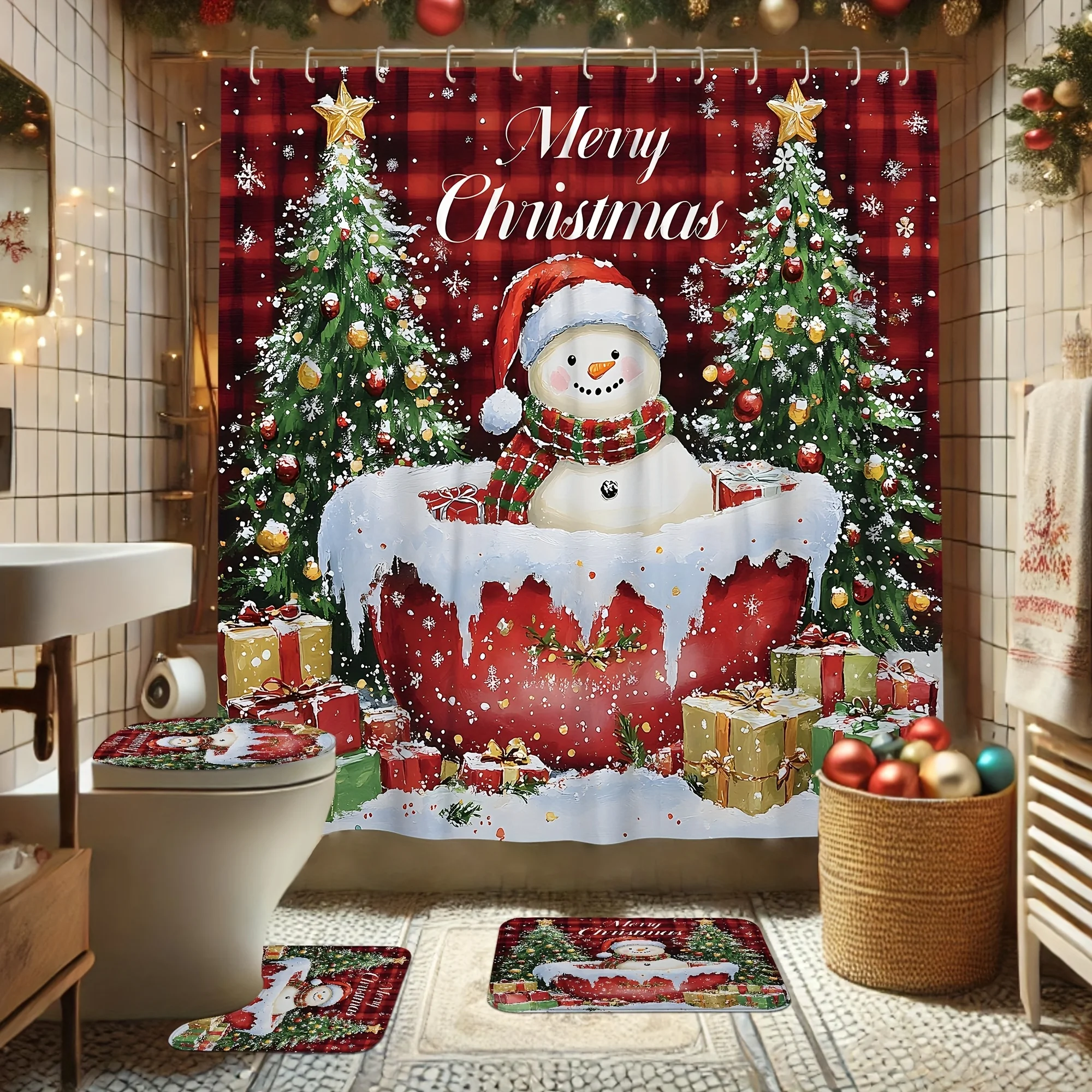 4Pcs Christmas Snowman Tree Santa Hat Shower Curtain Set, Cute White Red Washable Decor with 12 Hooks, Non-slip Mat