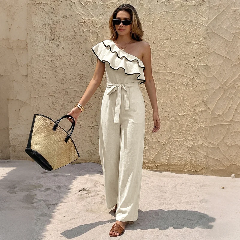 Summer new single-shoulder ruffled strap waist-hugging one-piece pants for women, suitable for daily wear