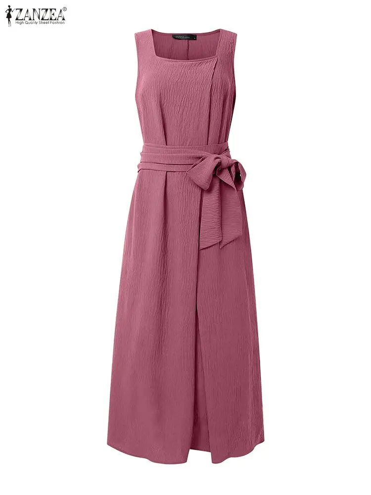 Fashion Long Shirt Dress ZANZEA Women Sleeveless Maxi Sundress Square Collar Solid Belted Pleated Party Elegant Vestido Oversize