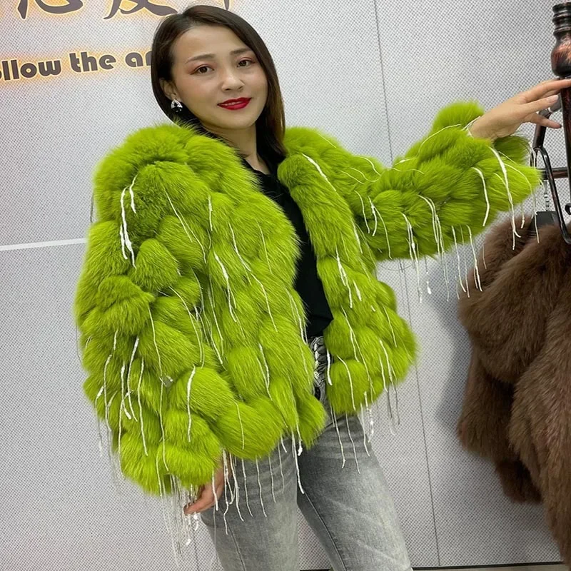 Women's Autumn Winter Top Coat Jacket Faux Fur Fringe Bright Silk Thicken Warm Casual Design Fashion New Niche Versatile Skinny