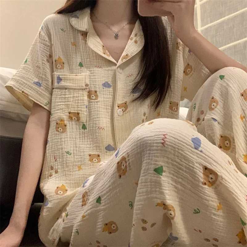 2023 New Summer Cotton Print Short Sleeve Long Pants Pajama Sets For Women Korean Sleepwear Pyjama Homewear Pijama Mujer Clothes