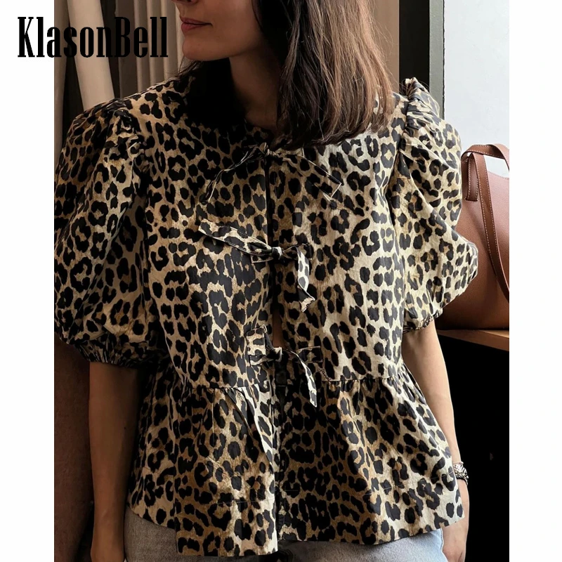 

5.24 KlasonBell Summer 2024 New Vintage Leopard Print O-Neck Lace-up Bow Blouse Women Puff Sleeve Spliced Slim Short Shirt