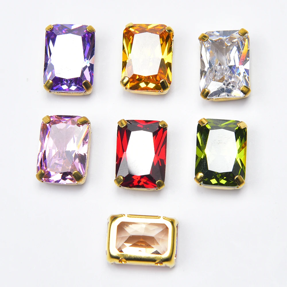 10Pcs 5A Grade Zircon Crystal 10*14mm Rectangular Pointed Bottom Gold Claw Sew on Rhinestone DIY Clothing Accessories