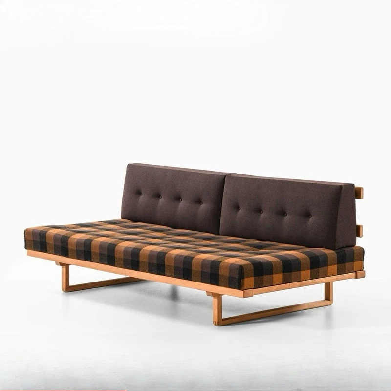 Retro sofa bed medieval niche without armrests solid wood lattice cotton and linen double triple bed and breakfast light luxury