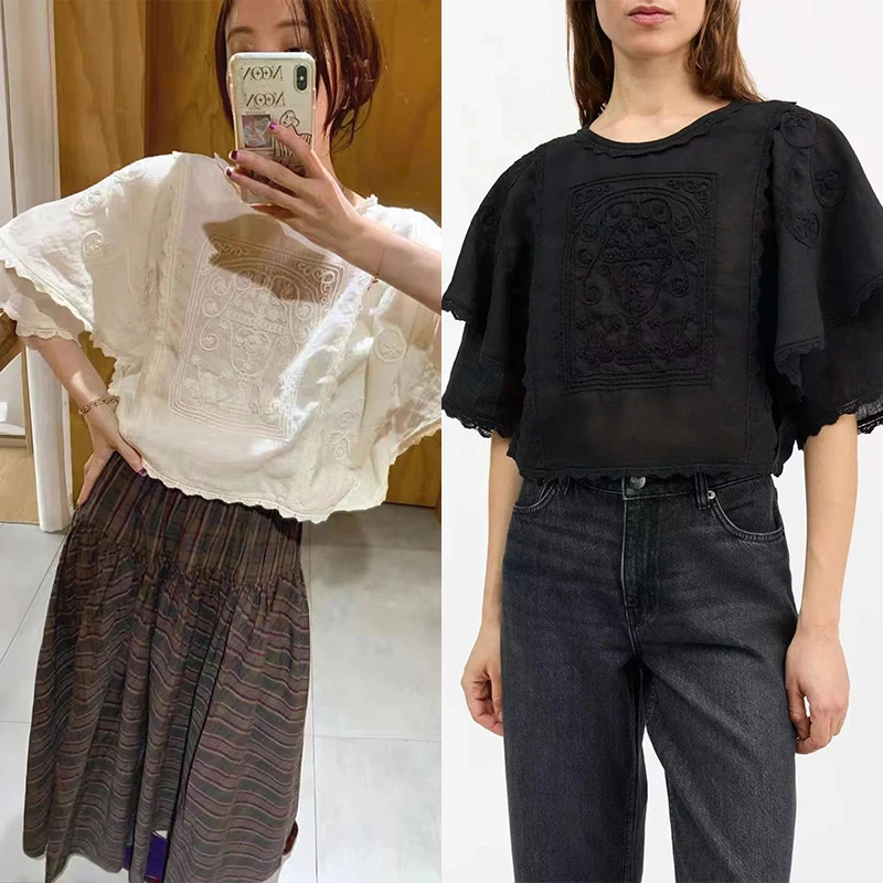 

Французская хлопково-льняная женская блузка с круглым вырезом, двойным слоем, вышивкой и кружевом, дышащая, приятная для кожи, весенняя.