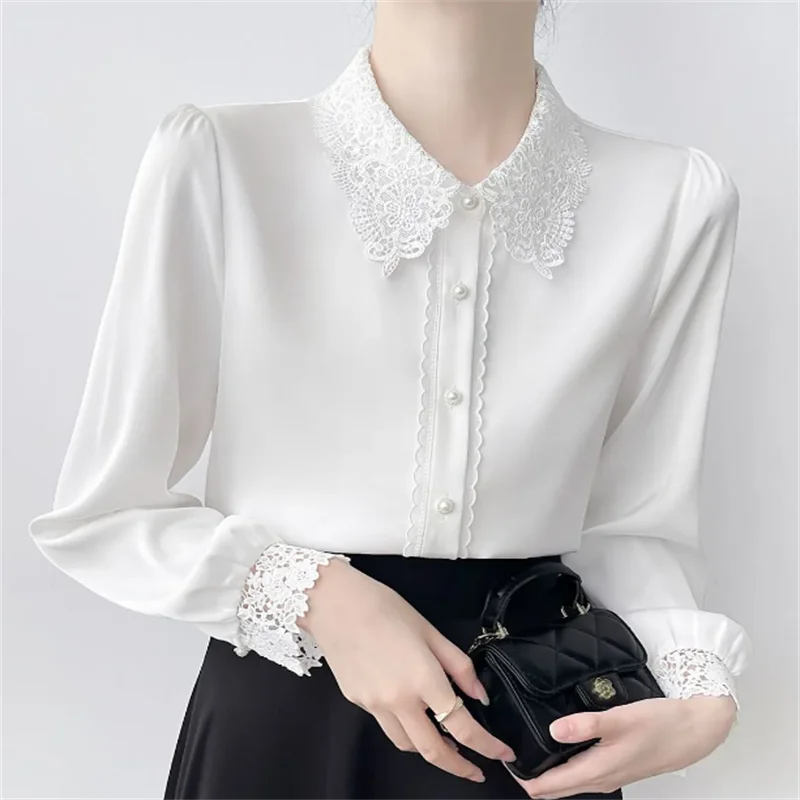 

White Shirt Women's Blouse Puff Sleeve Tops Lace Cut-Out Patchwork Blouse Elegant Professional Business Ladies Shirts