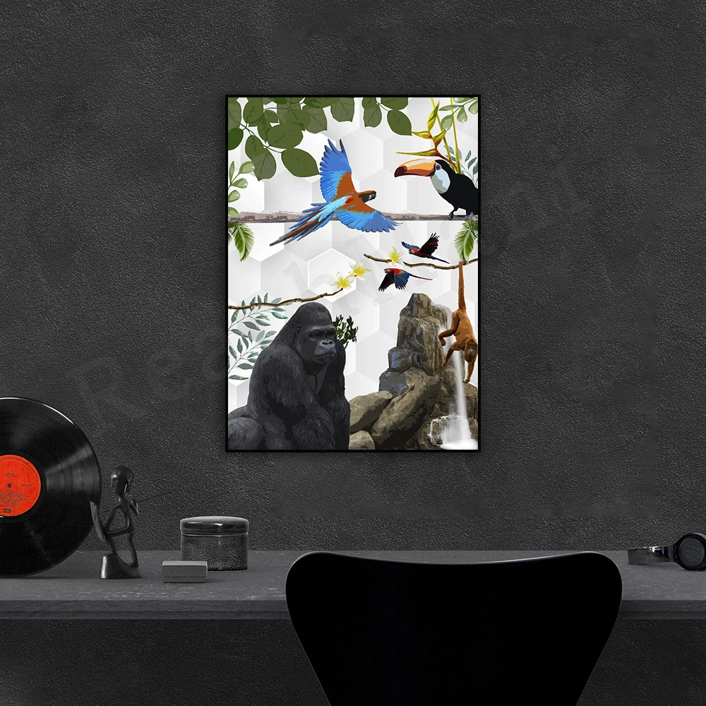 Green nature, inspired animal art, peaceful nature splash, wildlife and tropical birds poster, gift fun art for nature lovers
