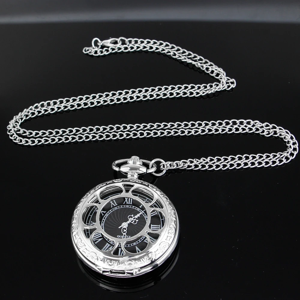 Orologio da taschino al quarzo con pietra preziosa cava in argento Orologio da donna da uomo Steampunk Collana vintage con catena al quarzo Orologio da taschino Reloj